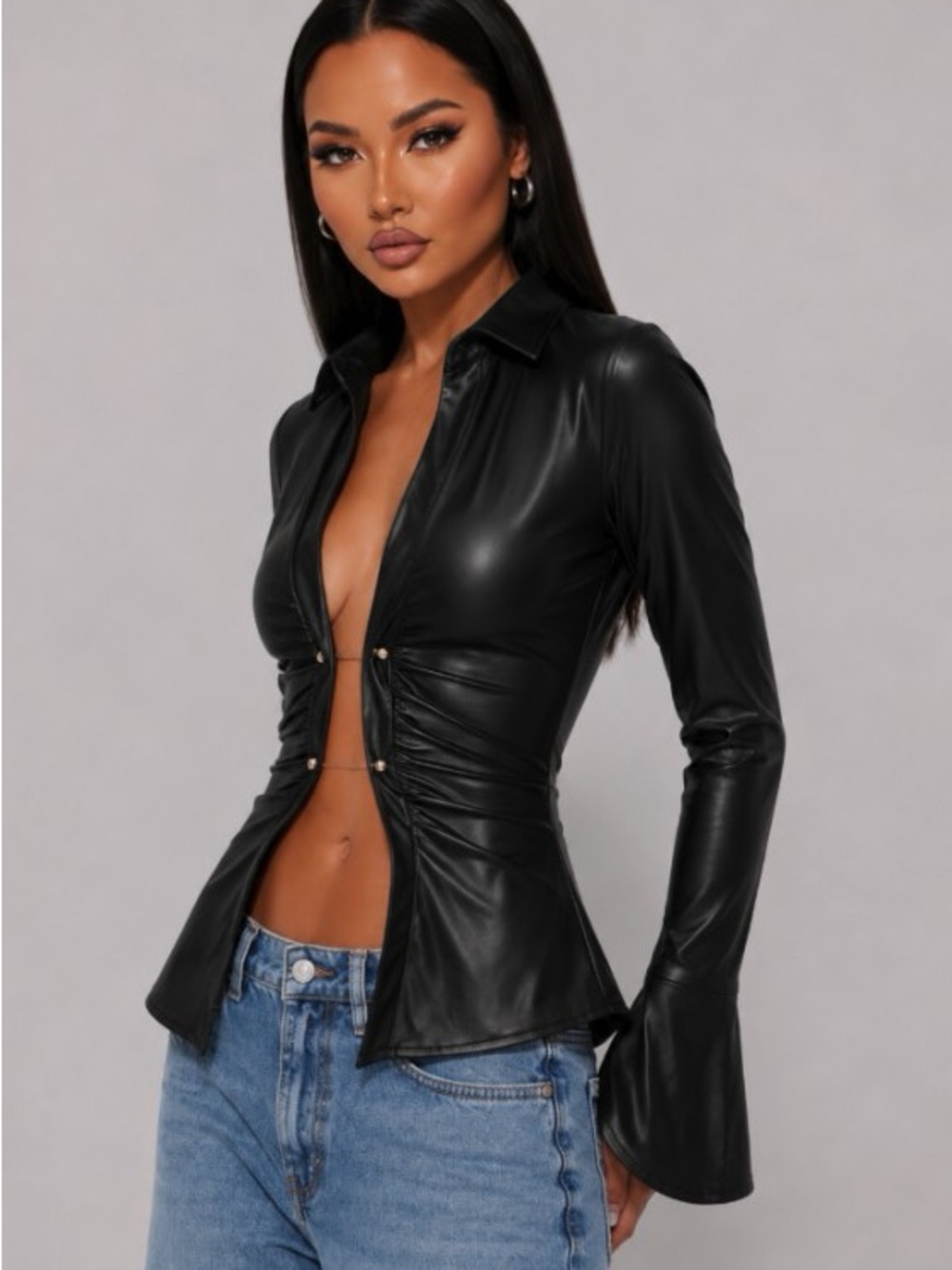 Ruched Black Faux Leather Button-Front Blouse ET4571